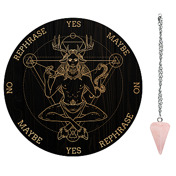 AHADEMAKER 1Pc Custom PVC Plastic Pendulum Board, 1Pc 304 Stainless Steel Cable Chain Necklaces, 1Pc Natural Rose Quartz Stone Pendants, for Witchcraft Wiccan Altar Supplies, Deer Pattern, Board: 200x4mm