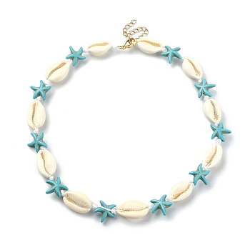 Natural Shell & Synthetic Turquoise Starfish Beaded Necklace with 304 Stainless Steel Clasps, Turquoise, 15.75 inch(40cm)