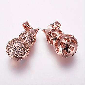 Brass Micro Pave Cubic Zirconia Pendants, Calabash, Hollow, Rose Gold, 22x12x11mm, Hole: 3.5x4mm