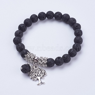 Natural Lava Rock Stretch Charm Bracelets, with Alloy Tree Pendants, with Burlap Paking Pouches Drawstring Bags, Antique Silver, 2-3/8 inch(60mm)(X-BJEW-JB03478-01)