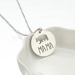 201 Stainless Steel Pendant Necklaces, Flat Round with Mama Bear Pattern, Stainless Steel Color, 19.69 inch(50cm)(WG12F44-02)