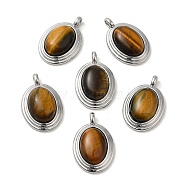 Natural Tiger Eye Pendants, Brass Oval Charms, Real Platinum Plated, 23x15x7mm, Hole: 3x2mm(KK-M270-41P-01)