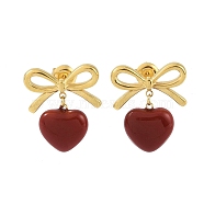 Bowknot 304 Stainless Steel Studs Earrings, Heart Enamel Dangle Earrings for Women, Dark Red, 22x19mm(EJEW-Z047-04G-03)