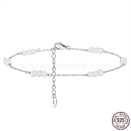 Natural Freshwater Pearl Beaded Link Anklet with Rhodium Plated 925 Sterling Silver Cable Chain for Women, with S925 Stamp, Real Platinum Plated, 8-5/8 inch(22cm)(AJEW-F162-015P)
