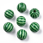 Printed Natural Wooden Fruit Beads, Round with Watermelon Pattern, Green, 16x14.5mm, Hole: 3.5mm(WOOD-T021-104)