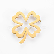 Open Clover Brooch, 201 Stainless Steel Leaf Lapel Pin for Backpack Clothes, Nickel Free & Lead Free, Golden, 41x34x6mm, Pin: 0.7mm(JEWB-N007-011G-FF)