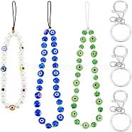 3Pcs 3 Style Glass Pearl & Lampwork & Glass Seed Beads Mobile Straps, with Evil Eye Resin Beads, Nylon Thread and Alloy Keychain Clasp Findings, Mixed Color, 17.5~20.5cm, 1pc/style(KEYC-OC0001-19)