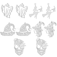 10Pcs 5 Style 201 Stainless Steel Pendants, Laser Cut, for Halloween, Witch & Witch Hat & Skull & Ghost, Stainless Steel Color, 28.5~43x30~35x1mm, Hole: 1.5~2mm, 2pcs/style(FIND-SZ0002-29)