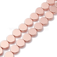 Non-magnetic Synthetic Hematite Beads Strands, Galvanic Plating(Color Retention for 1 Year), Flat Round, Rose Gold Plated, 10x2.9~3.2mm, Hole: 0.8mm, about 40pcs/strand, 15.91 inch(40.4cm)(G-H270-04RG)