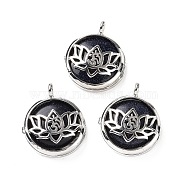 Synthetic Blue Goldstone Locket Pendants, Flat Round Charms, with Platinum Plated Brass Lotus Findings, 31.5x27x9mm, Hole: 4.6mm(G-G982-01P-24)