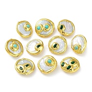 Baroque Natural Keshi Pearl Flat Round Beads, Rack Plating Brass Beads with Glass and Synthetic Turquoise, Long-Lasting Plated, Golden, 22~24x22~23.5x9~12.5mm, Hole: 0.8mm(KK-K348-07G)