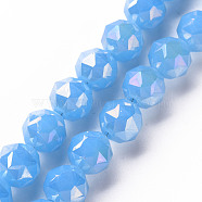 Electroplate Glass Beads Strands, AB Color Plated, Imitation Jade Glass, Faceted, Round, Deep Sky Blue, 10x9.5mm, Hole: 1.2mm, about 60pcs/strand, 21.65 inch~22.05 inch(55cm~56cm)(EGLA-T020-10-C01)