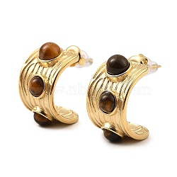 Real 18K Gold Plated 304 Stainless Steel Arch Stud Earrings with Resin Beaded, Coconut Brown, 22x13mm(EJEW-G358-01G-01)