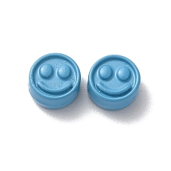 Spray Painted Alloy Beads, Flat Round with Smiling Face, Sky Blue, 7.5x4mm, Hole: 2mm(PALLOY-M215-16F)