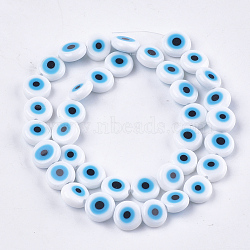 Handmade Evil Eye Lampwork Beads Strands, Flat Round, Creamy White, 9.5~10.5x3.5~4mm, Hole: 1.2mm, about 38pcs/strand, 14.1 inch~14.5 inch(X-LAMP-S191-02C-08)