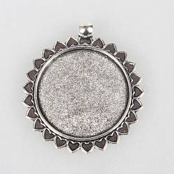Tibetan Style Alloy Pendant Cabochon Settings, Cadmium Free & Lead Free, Sun, Antique Silver, Flat Round Tray: 30mm, 45x39x2mm, Hole: 4mm, about 140pcs/kg(TIBEP-N003-62AS)