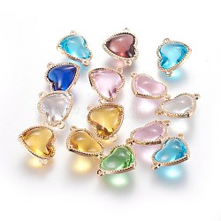 Glass Links connectors, with Eco-Friendly Alloy Findings, Heart, Light Gold, Mixed Color, 14x18.5x7mm, Hole: 1.2mm(GLAA-I041-13KCG)