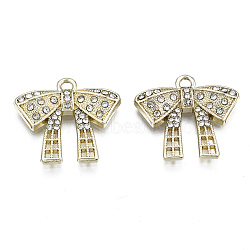 Rack Plating Alloy Pendants,  with Crystal Rhinestone, Cadmium Free & Lead Free, Bowknot, Light Gold, 17.5x20x3mm, Hole: 1.8mm(PALLOY-T077-100LG-RS)