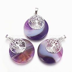 Natural Agate Pendants, with Platinum Tone Brass Findings, Flat Round with Tree of Life, Dyed, 32.5~33x27.5~28x5~6mm, Hole: 5x7mm(G-F573-C22)