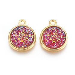 Resin Pendants, with Golden Tone Alloy Findings, Flat Round, Cerise, 18x15x3.5~4mm, Hole: 1.8mm(RESI-F015-A04)