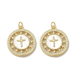 Brass Micro Pave Clear Cubic Zirconia Pendants, with Shell, Real 18K Gold Plated, Flat Round, Cross, 23x20x3mm, Hole: 3.4mm(KK-I708-04A-G)