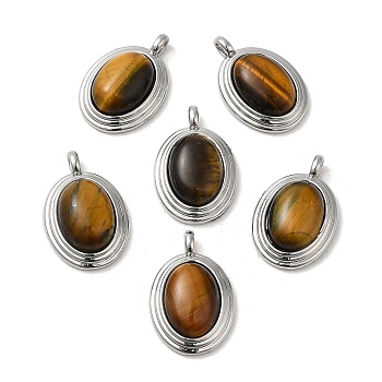Natural Tiger Eye Pendants, Brass Oval Charms, Real Platinum Plated, 23x15x7mm, Hole: 3x2mm