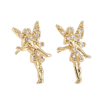 Fairy Sparkling Cubic Zirconia Stud Earrings for Girl Women, Lead Free & Nickel Free & Cadmium Free, Brass Micro Pave Cubic Zirconia Earrings, Real 18K Gold Plated, 15x8mm, Pin: 0.6mm