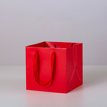 Solid Color Kraft Paper Gift Bags with Ribbon Handles, for Birthday Wedding Christmas Party Shopping Bags, Square, Red, 25x25x25cm