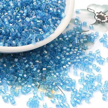 Transparent Colours AB Glass Seed Beads, Hexagon(Two Cut), Dodger Blue, 2x1.5mm, Hole: 0.9mm