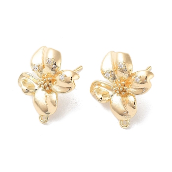 Brass Micro Pave Cubic Zirconia Stud Earring Findings, Flower, Real 18K Gold Plated, 20x19mm, Hole: 1mm, Pin: 0.8mm