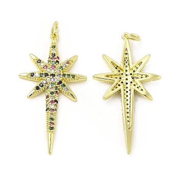 Brass Micro Pave Cubic Zirconia Pendants, with Jump Ring, Sparkling Star Charm, Golden, 38x20x3mm, Hole: 2.5mm