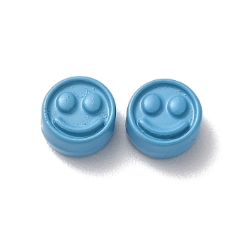 Spray Painted Alloy Beads, Flat Round with Smiling Face, Sky Blue, 7.5x4mm, Hole: 2mm