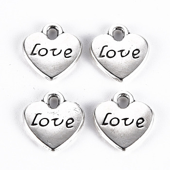 Tibetan Style Alloy Charms, Lead Free & Cadmium Free, Heart with Word Love, Antique Silver, 11x10x1.5mm, Hole: 1.5mm, about 847pcs/500g
