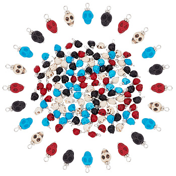 120Pcs 4 Colros Synthetic Turquoise Pendants, Halloween Skull Charm, Dyed, with Silver Tone Brass Findings, Mixed Color, 17x8x9mm, Hole: 2.6mm, 30pcs/color