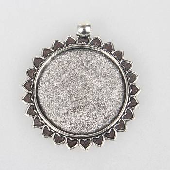 Tibetan Style Alloy Pendant Cabochon Settings, Cadmium Free & Lead Free, Sun, Antique Silver, Flat Round Tray: 30mm, 45x39x2mm, Hole: 4mm, about 140pcs/kg