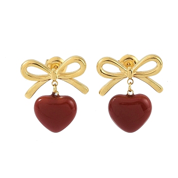 Bowknot 304 Stainless Steel Studs Earrings, Heart Enamel Dangle Earrings for Women, Dark Red, 22x19mm