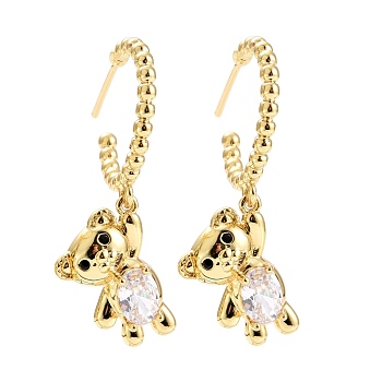 C-Shape with Bear Cubic Zirconia Dangle Stud Earrings, Real 18K Gold Plated Brass Long Drop Half Hoop Earrings for Women, Lead Free & Cadmium Free, Clear, 36x19.5mm, Pin: 0.7mm