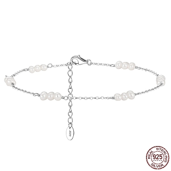 Natural Freshwater Pearl Beaded Link Anklet with Rhodium Plated 925 Sterling Silver Cable Chain for Women, with S925 Stamp, Real Platinum Plated, 8-5/8 inch(22cm)