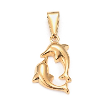 304 Stainless Steel Pendants, Double Dolphin, Golden, 19x11x2.5mm, Hole: 7.5x3mm