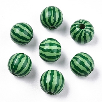Printed Natural Wooden Fruit Beads, Round with Watermelon Pattern, Green, 16x14.5mm, Hole: 3.5mm