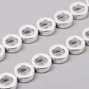 Electroplated Non-magnetic Synthetic Hematite Bead Frame Strands, Donut/Ring, Silver Plated, 9.5~10x3.5mm, Hole: 1mm, Inner Diameter: 5.5mm, about 40pcs/Strand, 15.94 inch(40.5cm)