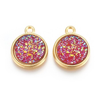Resin Pendants, with Golden Tone Alloy Findings, Flat Round, Cerise, 18x15x3.5~4mm, Hole: 1.8mm