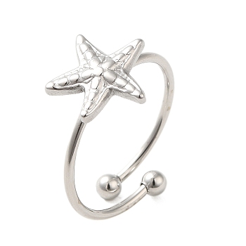 304 Stainless Steel Open Cuff Ring, Starfish, Stainless Steel Color, US Size 7 3/4(17.9mm)