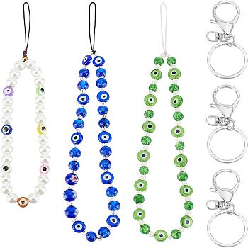 3Pcs 3 Style Glass Pearl & Lampwork & Glass Seed Beads Mobile Straps, with Evil Eye Resin Beads, Nylon Thread and Alloy Keychain Clasp Findings, Mixed Color, 17.5~20.5cm, 1pc/style