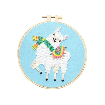 Animal Theme DIY Display Decoration Punch Embroidery Beginner Kit, Including Punch Pen, Needles & Yarn, Cotton Fabric, Threader, Plastic Embroidery Hoop, Instruction Sheet, Alpaca, 155x155mm