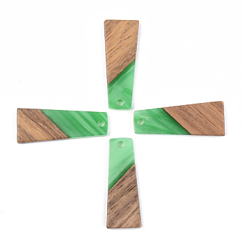 Opaque Resin & Walnut Wood Pendants, Trapezoid, Green, 30x12x3mm, Hole: 2mm