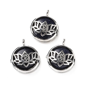 Synthetic Blue Goldstone Locket Pendants, Flat Round Charms, with Platinum Plated Brass Lotus Findings, 31.5x27x9mm, Hole: 4.6mm