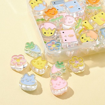 36Pcs 18 Style Transparent Acrylic Beads, with Enamel, Rabbit & Egg & Flower & Flower with Smiling Face & Carrot, Mixed Color, 18~26x15~22x7~9mm, Hole: 3~3.5mm, 2pcs/style