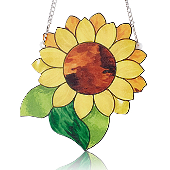 Acrylic Sunflower Pendant Decorations, with Iron Chains and Clasps, Yellow, 154x125x3mm, Hole: 3.5mm