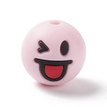 Silicone Beads, Baby Chewing Beads For Teethers, Round with Smiling Face, Pink, 15.5mm, Hole: 2mm